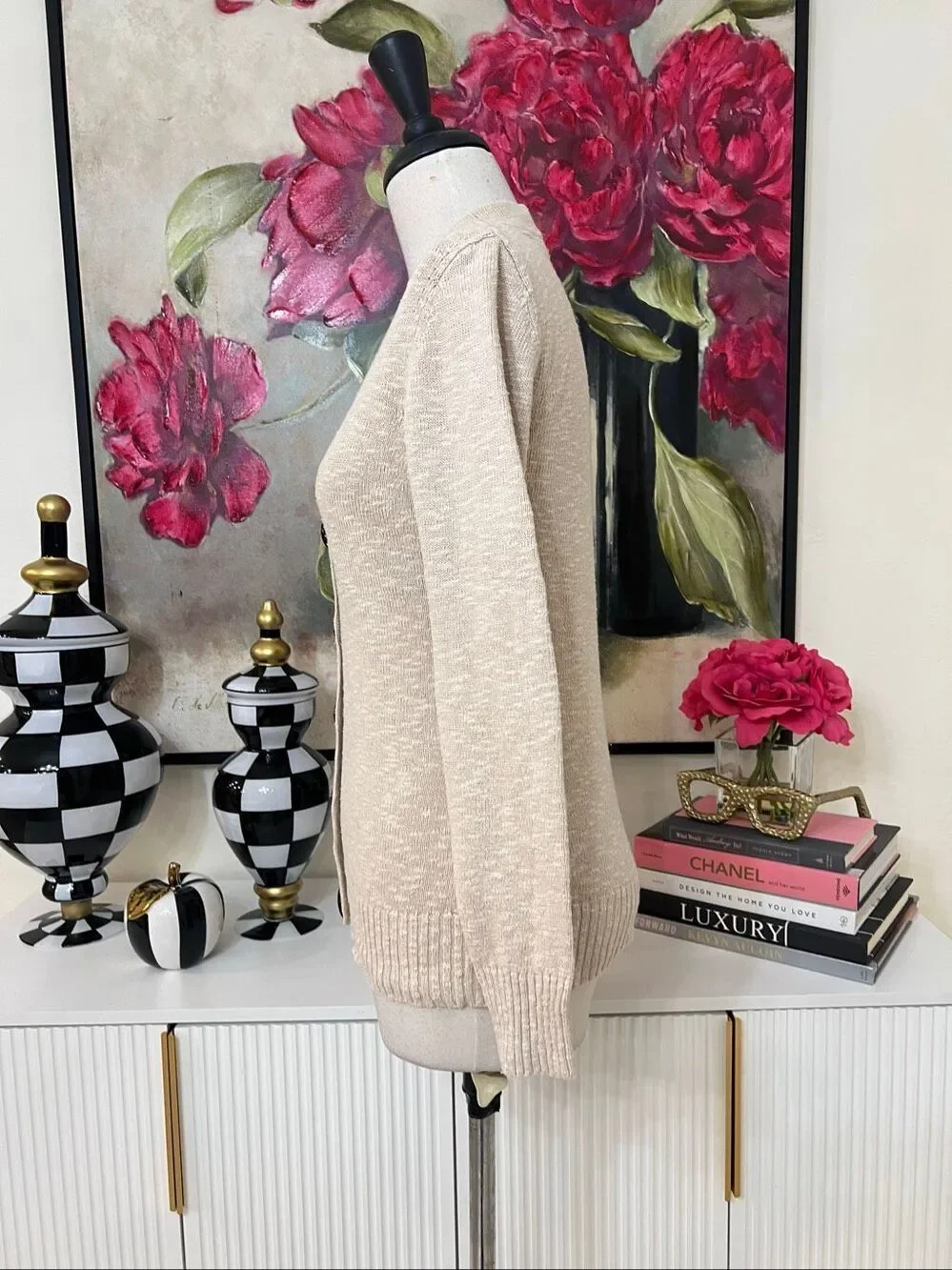 Tory Burch Women's Linen Blend Button Front V-Neck Cardigan Sweater Tan XS